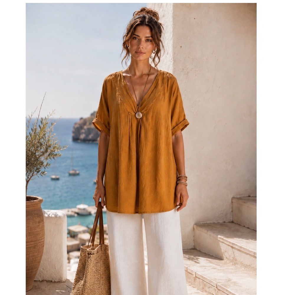 MERSEA Brown Linen Tunic Top Lagenlook Coastal OS